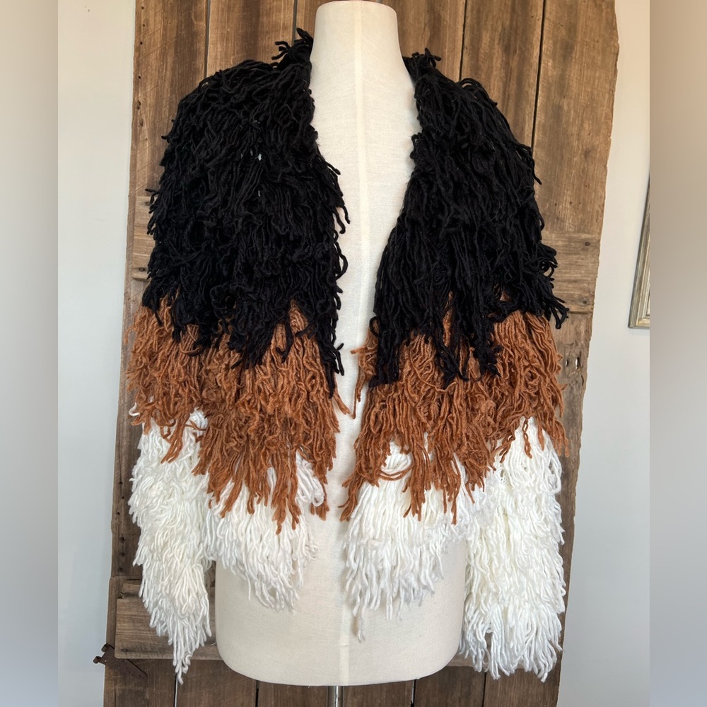 Dee Elly Size Small Wool Blend Color Block Fringe… - image 1